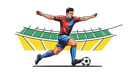 Dynamic illustration of a male soccer player in action, kicking a ball on a stadium field with green and yellow stands in the background. © Ngeluspupu