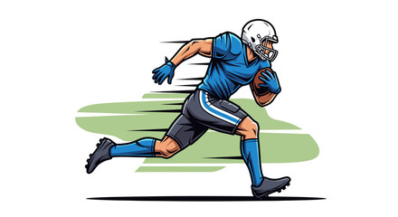 Fototapeta premium Dynamic illustration of an American football player in a blue uniform running with the ball on a green field with motion blur.