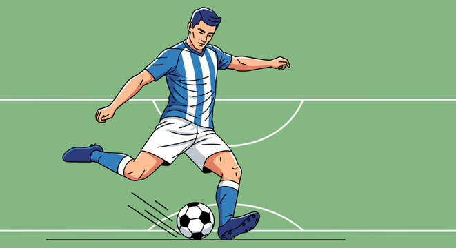 An illustration of a male soccer player in a blue and white striped jersey kicking a soccer ball on a green field during a game.