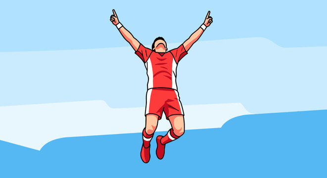A soccer player in a red and white uniform jumps in the air with his arms raised in celebration.