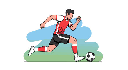 Obraz premium A dynamic illustration of a male soccer player in a red and white uniform dribbling a soccer ball on a green field with a blue sky background.