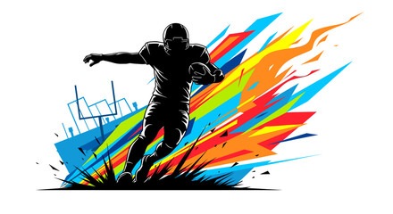 Dynamic silhouette of an American football player running with the ball, surrounded by an explosion of vibrant, abstract colors and energetic shapes, with subtle goalposts in the background. © Ngeluspupu