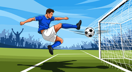 Naklejka premium Dynamic illustration of a male soccer player in a blue jersey scoring a goal during a match on a green field with a cheering crowd.
