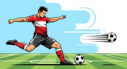 Naklejka premium A dynamic illustration of a male soccer player in a red and white uniform powerfully kicking a football on a green field under a blue sky.