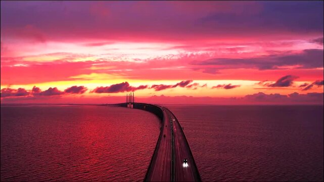 A stunning view of the long bridge stretching across the dark sea under a vibrant sunset sky.
