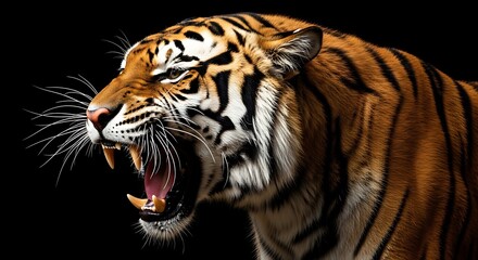 Fototapeta premium Close-up of a roaring tiger with sharp teeth against a black background, showing aggression