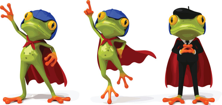 Superhero Cartoon Frog Characters in Different Poses, Wearing Capes and Costumes, Ideal for Fun and Kids Illustrations
