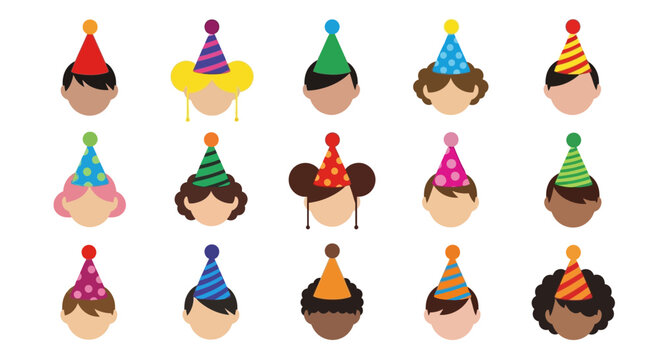 A vibrant collection of diverse faceless avatars, each adorned with a festive party hat, symbolizing universal celebration, joy, and inclusivity for various happy occasions and events