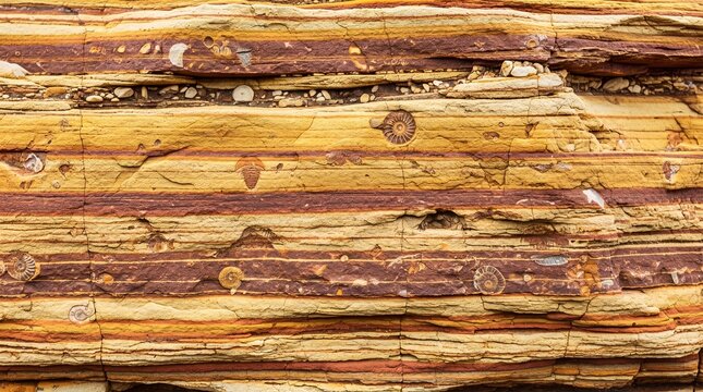Close-up of layered sedimentary rock with visible fossilized ammonites embedded within distinct strata.