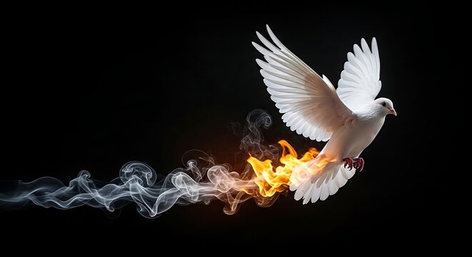 White dove with spread wings against dark background, wings illuminated by light