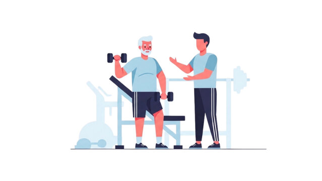senior man weight training with personal trainer gym workout fitness illustration