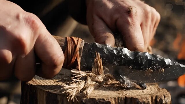 Primitive Flint Knapping Skill Demonstration with Fire Background.