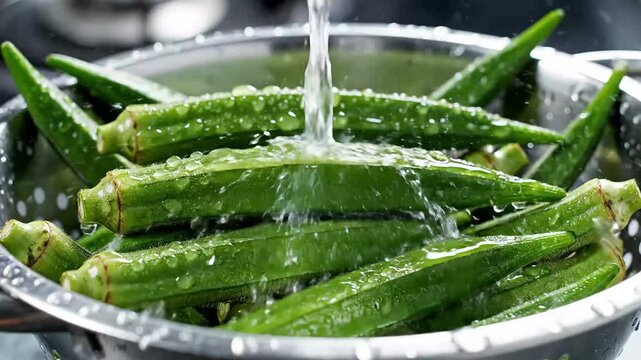 Fresh green okra being washed in a metal colander with water stream