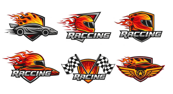 Set of racing car and helmet logos with flames.
