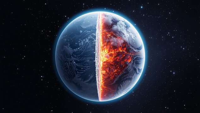 氷結した地球と灼熱の地球が対峙する極端気候の概念表現