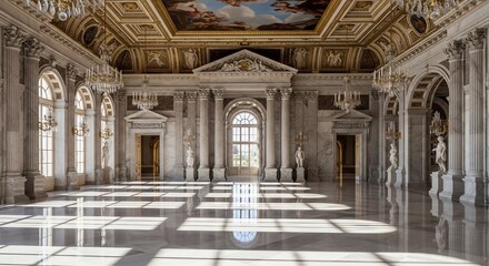Fototapeta premium Grand Ballroom Interior with Ornate Ceiling and Marble Floors.