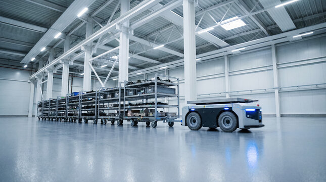Autonomous tugger pulling train of carts in factory
