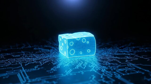 Glowing Digital Cheese Hovering Over Circuit Board Technology Circuitry Elements Form The Background Data Innovation For Abstract Concept Visual