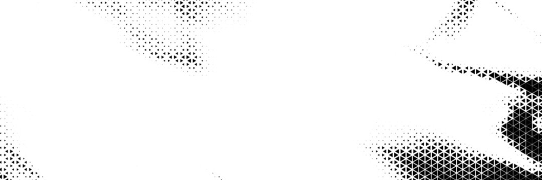 Fading triangle halftone texture gradient pattern. Abstract diagonal geometric background. Tech mosaic triangular halfton gradation. Vector vanishing corner arrow wallpaper for banner, booklet, poster
