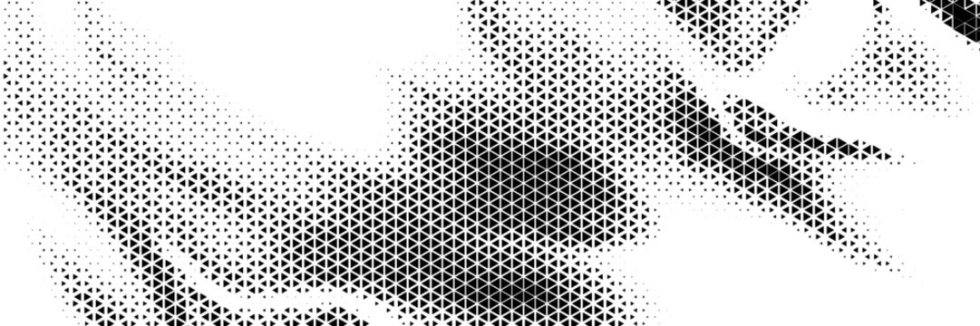 Fading triangle halftone texture gradient pattern. Abstract diagonal geometric background. Tech mosaic triangular halfton gradation. Vector vanishing corner arrow wallpaper for banner, booklet, poster