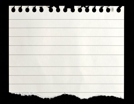 Blank torn spiral notebook paper with perforated edge and ruled lines isolated on black background design