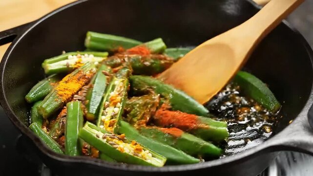 Stir Frying Fresh Okra with Indian Spices in a Cast Iron Pan