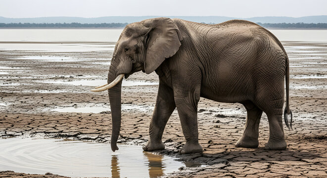 African elephant drinking water from puddle on dry cracked ground in savanna