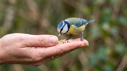 Obraz premium Blue Tit Bird Eating Seeds From Open Human Hand in Nature