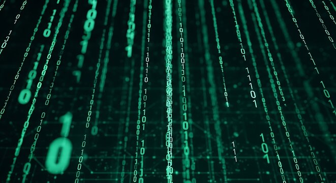 Green digital rain of binary code, representing data flow, over a matrix