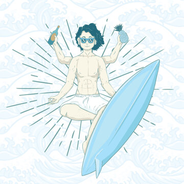 Stylized meditating surfer with multiple arms holding pineapple and bottle, cleanical beach illustration symbolizing balance, lifestyle, spirituality, and ocean adventure.