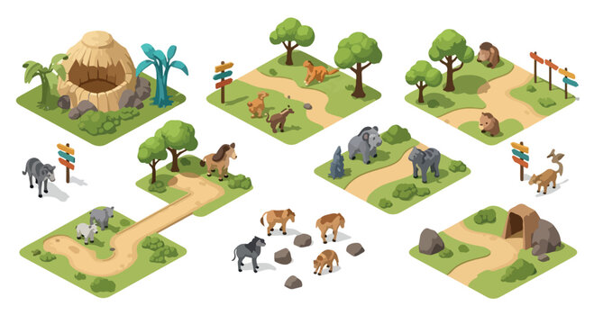 Isometric zoo animals and nature park map tiles, wild animal safari park constructor set, 3D cartoon wildlife habitat landscape elements for game design
