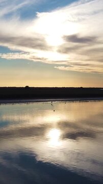 Vertical Coastal Lagoon and Beach Landscape, Sunset Sky, Calm Water rias golden hour at San Clemente Buenos Aires Argentina