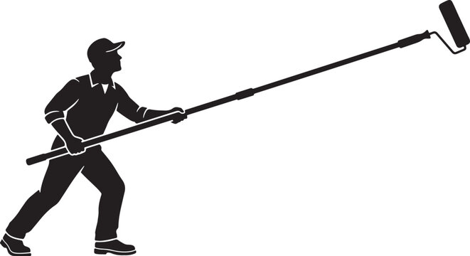 vector of a house painter using a roller on a long extension pole