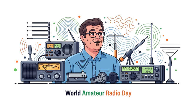 Detailed vector illustration celebrating World Amateur Radio Day, featuring a cheerful ham radio operator surrounded by various radio communication devices and antenna signal transmission