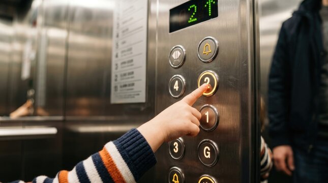 A person presses the elevator button number 2. The elevator panel displays the floor number 2T.