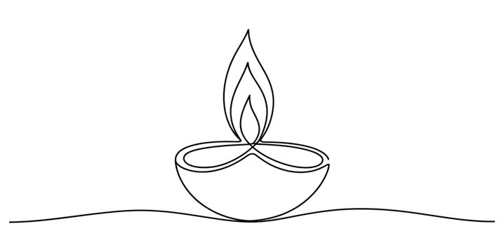Minimalist one line art of a festive diwali diya lamp with a glowing flame on white background Vector, illustration