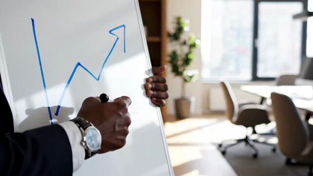 Businessman presenting growth chart in office.