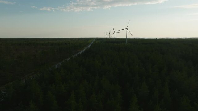 Wind turbines along a road in the Hankoniemi peninsula, Renewable energy in Finland