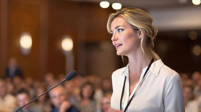 Business woman delivers inspiring speech at professional workshop in a large conference hall discussing leadership and empowerment