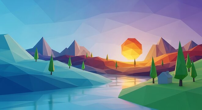 Low-poly landscape with mountains, river, trees, and a geometric sun setting