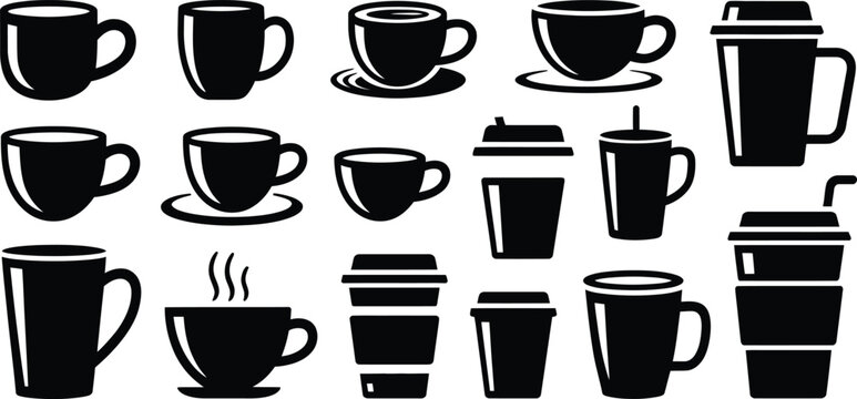 Black coffee cup icons, vector coffee mugs, disposable cups, takeout containers