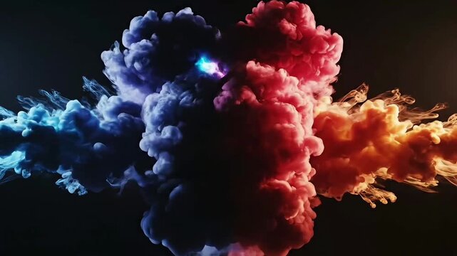 Abstract colorful smoke clouds of blue and orange colliding in a dark environment with dramatic lighting, creating a vibrant explosion of ink.