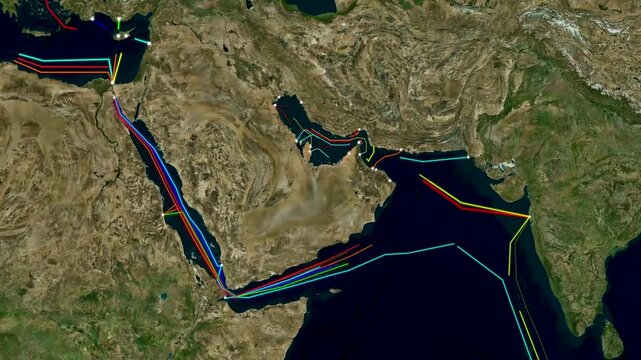 Strait of Hormuz Undersea Cable Network and Global Trade Map Animation