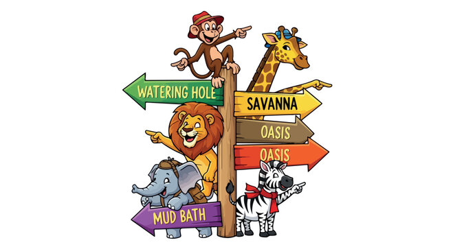 Cartoon safari animals with wooden signpost, cute jungle wildlife characters around directional arrows, savanna zoo theme vector illustration