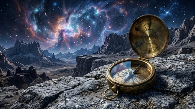 Discovering cosmic mysteries and navigating the unknown wonders of the universe with a vintage compass resting precariously on rugged terrain under a vibrant nebulae sky filled with countless