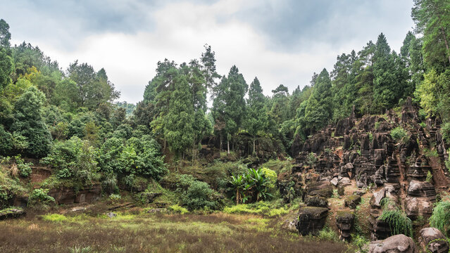 A picturesque geological park. Red-brown karst rocks, green grass in the meadow, Lush tropical vegetation. The clouds are blue. China. Red Stone Forest National Geopark. Hunan Province 