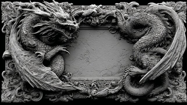 Fantasy book cover frame with sculpted dragon scales, claws, and curling tails wrapping the edges, high-detail carved relief in mythical style, empty center for custom artwork, suitable for 3D printin