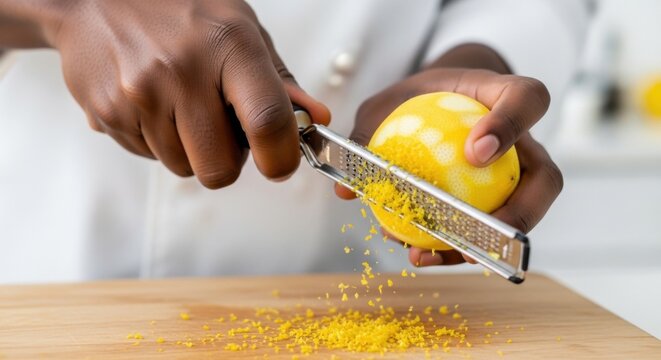 Bright Hands Grating Lemon on Metal Zester in Kitchen