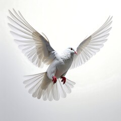 Fototapeta premium A white dove in full flight, wings spread against a gradient white backdrop
