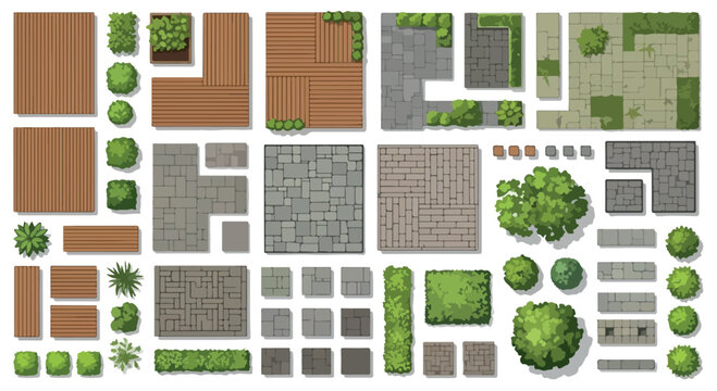 Landscape design elements vector set, top view garden map icons with wooden deck and stone paving, green bushes and trees for architectural planning
